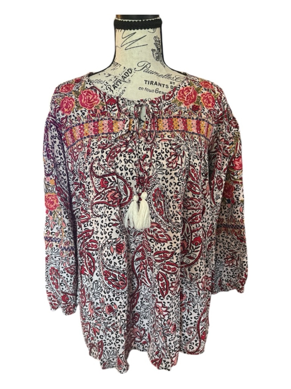 Savanna Jane Red and Cream Paisley Embroidered Tie-Front Peasant Tunic